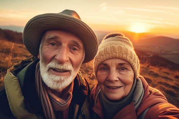 Elderly couple of pensioners travel in nature in mountains at sunset Generative AI