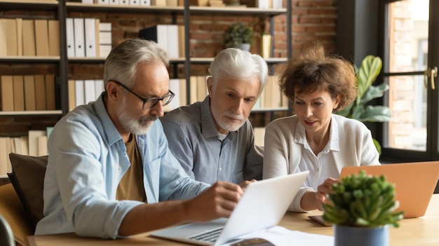 Photo elderly couple reviewing retirement plans with a financial advisor ensuring a secure future and comfortable living conditions