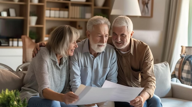 Photo elderly couple reviewing retirement plans with a financial advisor ensuring a secure future and comfortable living conditions