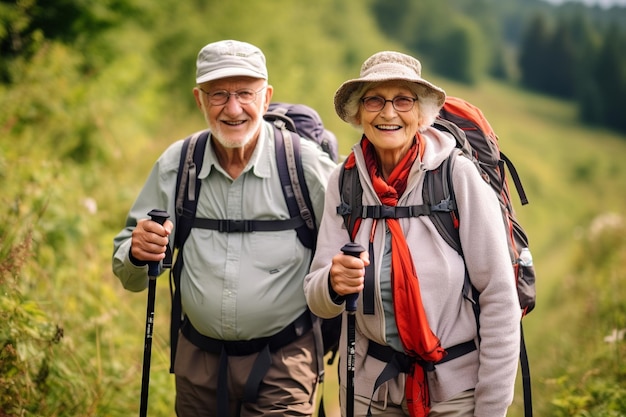 Elderly Couple's Nature Adventure Hiking Through Verdant Landscape