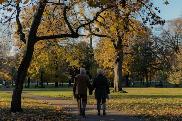 An elderly couple serenely holds hands as they leisurely walk down a peaceful path in nature