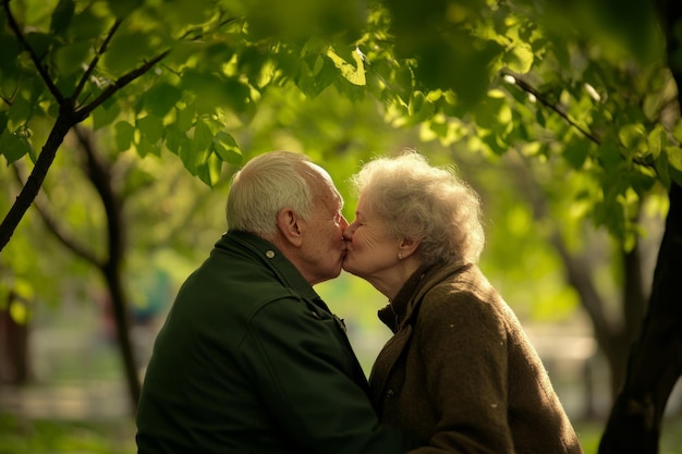 An elderly couple shares a tender kiss beneath lush green trees This heartfelt moment captures the beauty of love and connection in later years Generative AI