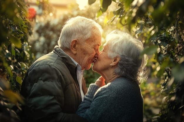 An elderly couple shares a tender kiss in a lush garden Their love shines brightly as sunlight filters through the leaves A touching moment captured with warmth Generative AI