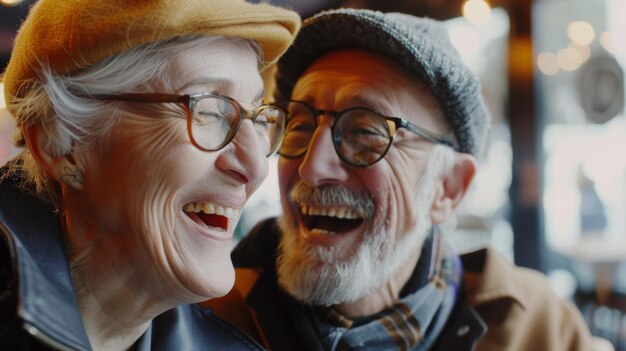 Elderly couple sharing a joyful laugh their faces lit up with happiness and love