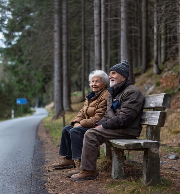 Photo an elderly couple sits on wooden chairs by the roadside surrounded by forest ai generator