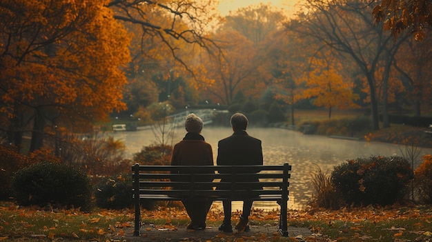 Elderly couple sitting on a bench in an autumn park