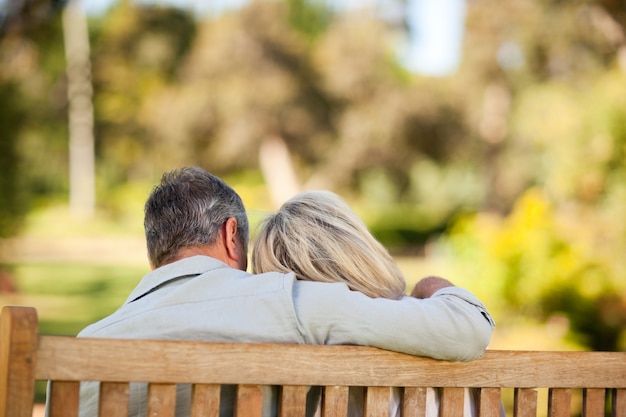 Elderly couple sitting on the bench with their back to the camera