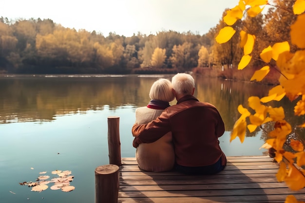 elderly couple sitting side by side on a wooden dock that extends into a calm lake