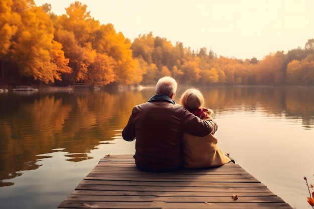 elderly couple sitting side by side on a wooden dock that extends into a calm lake