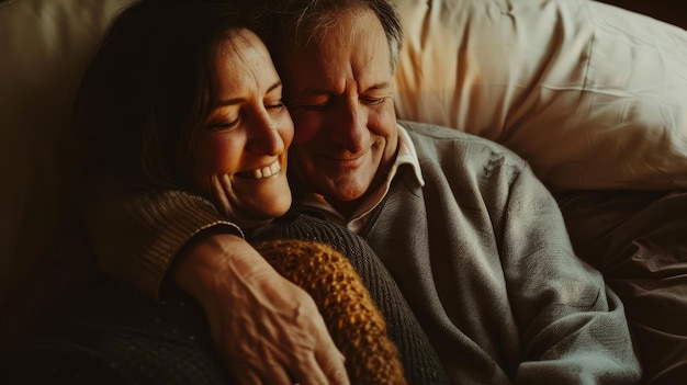 Photo an elderly couple snuggles together in bed wrapped in a cozy embrace sharing a tender moment filled with warmth and affection