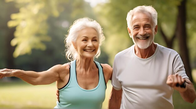 Elderly couple in sport clothing stretching in park