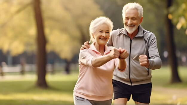 Elderly couple in sport clothing stretching in park