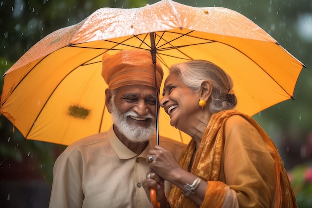 The elderly couple standing under an umbrella