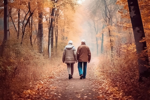 Elderly couple walking in the autumn park and watching the sunset AI