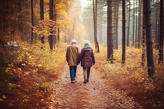 Elderly couple walking in the autumn park and watching the sunset AI