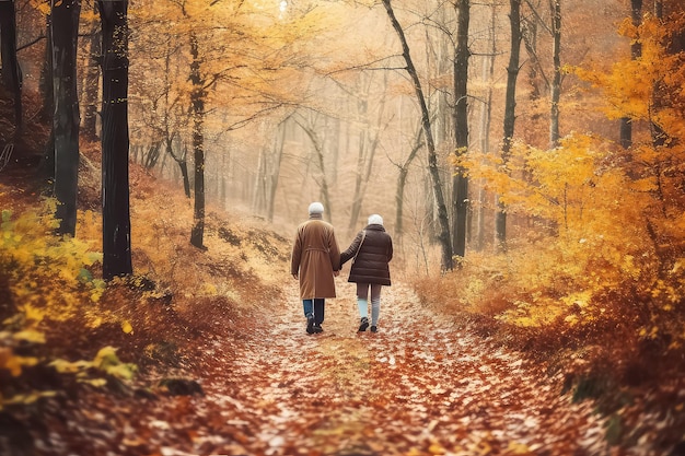 Elderly couple walking in the autumn park and watching the sunset AI