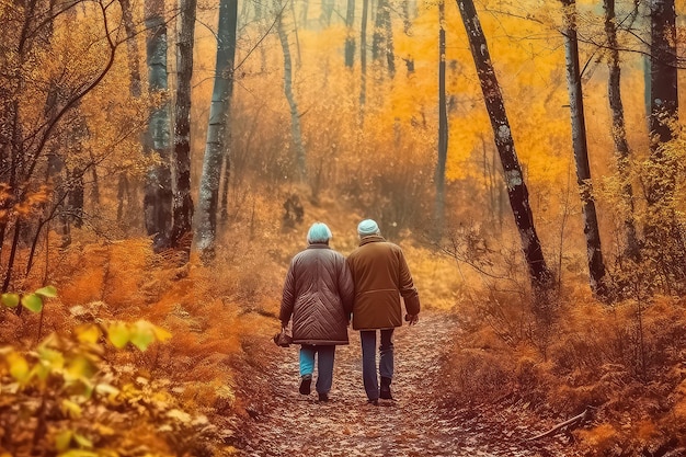 Elderly couple walking in the autumn park and watching the sunset