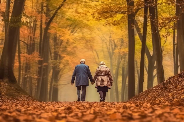 Elderly couple walking in the autumn park and watching the sunset