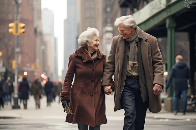 Elderly couple walking in the city Generative Ai