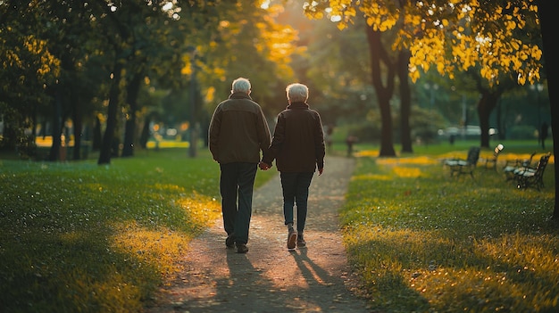 Elderly Couple Walking Hand in Hand in Autumn Park