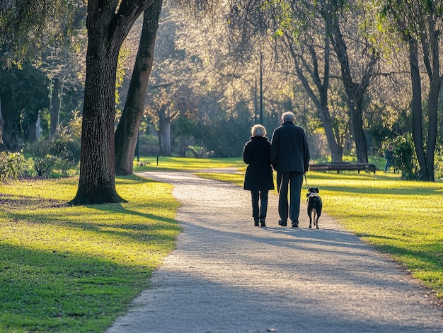 Photo elderly couple walking their dog through a serene park