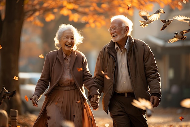 Elderly couple walks hand in hand in autumn park generative IA