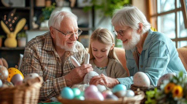 Elderly couple young boy sharing fun decorating easter eggs at table aige