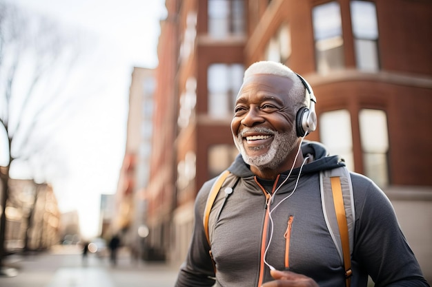 An elderly darkskinned African man in sportswear is doing sports jogging in the city park sport