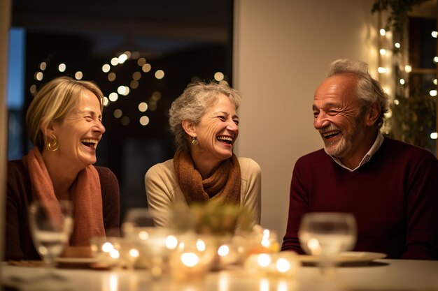 Elderly Europeans two women and a man laughing at a decorated festive table with lit candles surrounded by warm light