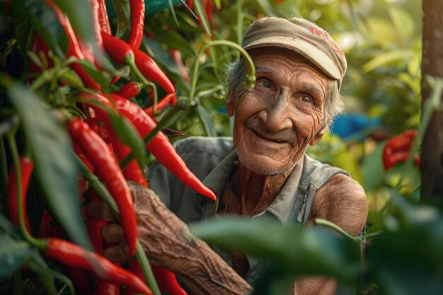 Photo an elderly farmer with a gentle smile harvests vibrant red chili peppers in a lush greenhouse