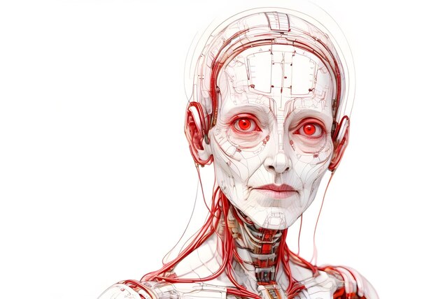 Elderly Female Robot with Red Eyes and Baby Features AGI Representation Schematic Drawing