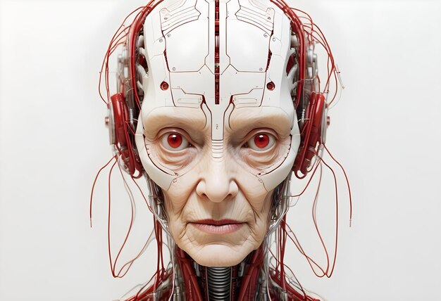 Elderly Female Robot with Red Eyes and HumanLike Wrinkles AGI Personification AI Consciousness