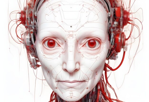 Elderly Female Robot with Red Eyes and HumanLike Wrinkles AGI Personification AI Consciousness