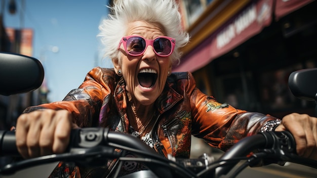 Elderly funny crazy woman in the modern motorcycle rally joyful and crazy expressive