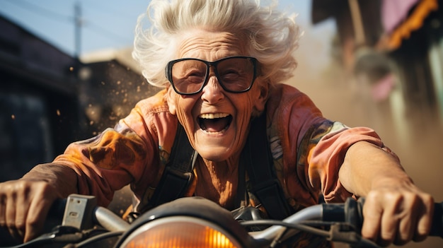 Elderly funny crazy woman in the modern motorcycle rally joyful and crazy expressive