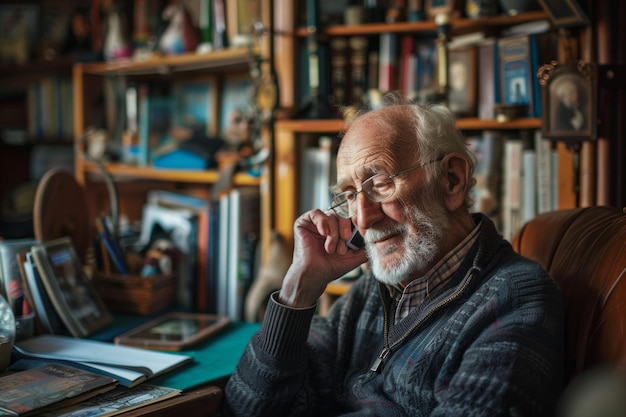 Photo elderly gentleman in cozy home office talking on smartphone amid bookshelves and personal memorabilia