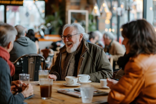 Elderly gentleman laughing in a lively conversation with friends over coffee in a cozy cafe setting