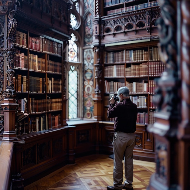 Photo elderly gentleman photographing in historic library