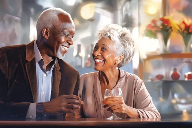 An elderly gentleman smiles seductively at a woman at a bar flirty flirting sexuality affection lifestyle party drinking restaurant communication couples