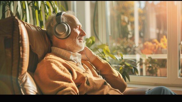 Photo elderly gentleman with headphones lost in music while resting in an armchair near a window