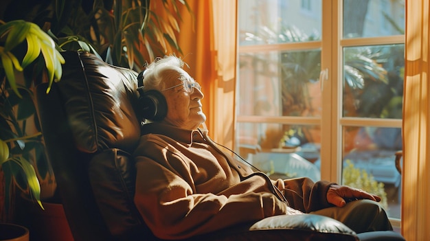 Photo elderly gentleman with headphones lost in music while resting in an armchair near a window