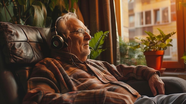 Photo elderly gentleman with headphones lost in music while resting in an armchair near a window