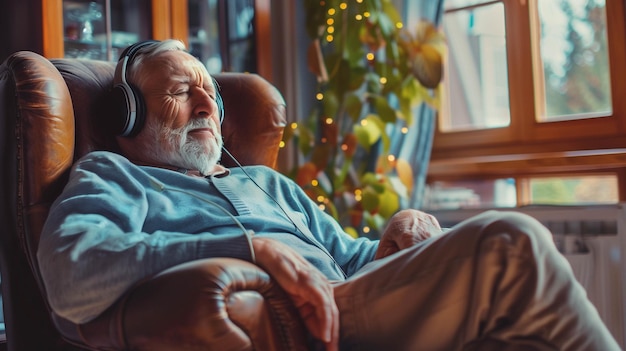 Photo elderly gentleman with headphones lost in music while resting in an armchair near a window