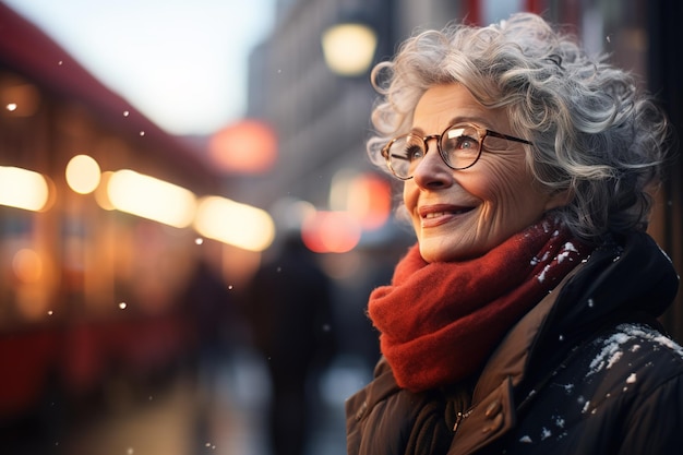 elderly gray haired dreamily looking woman wearing glasses scarf blurred background transport stop