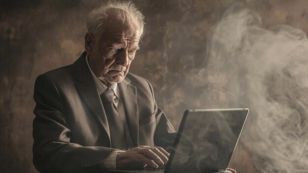 an elderly grayhaired businessman in a suit is working on a laptop