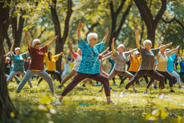 Elderly group practicing tai chi in a sundappled park with autumn leaves