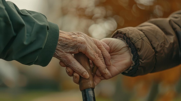 Photo an elderly hand with a cane is gently held by a younger one