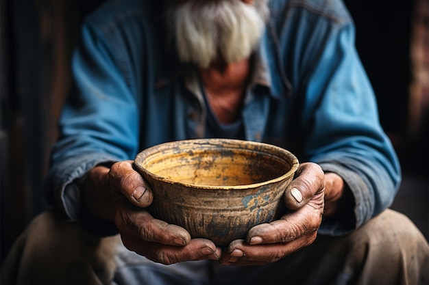 Elderly hands hold empty bowl selective focus revealing stark hunger and destitution