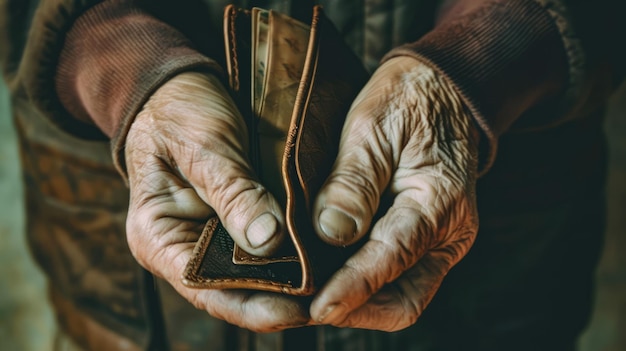 Elderly hands holding an empty wallet depicting poverty financial hardship and the struggles of senior citizens