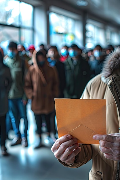 Elderly hands holding an envelope with blurred crowd in the background